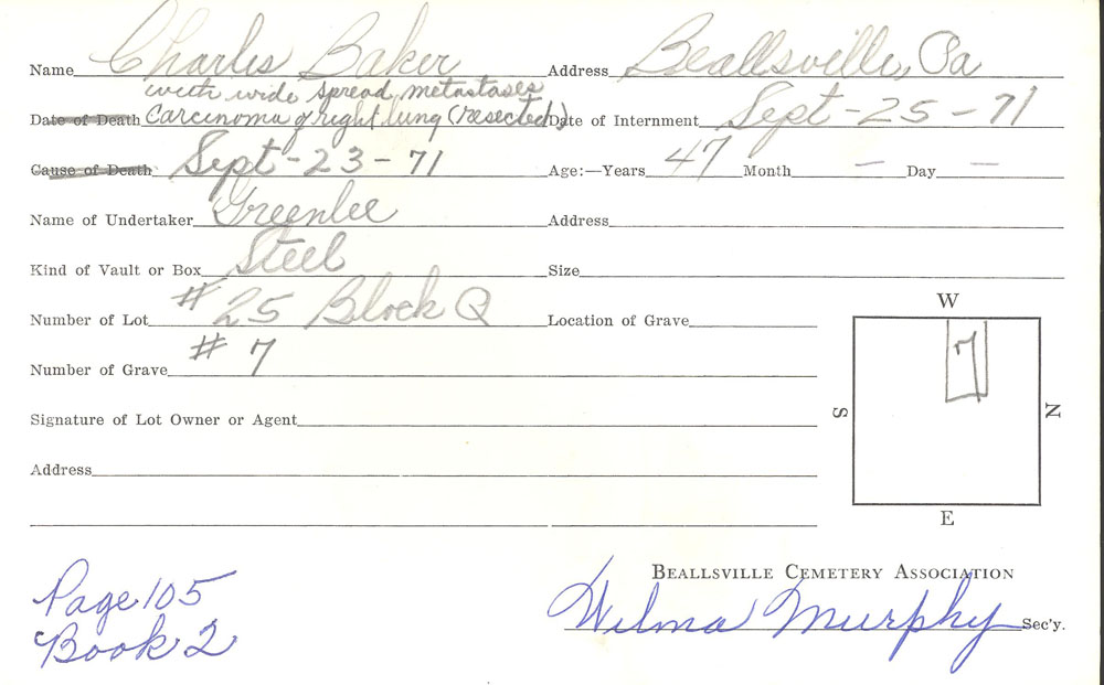 Charles Baker burial card